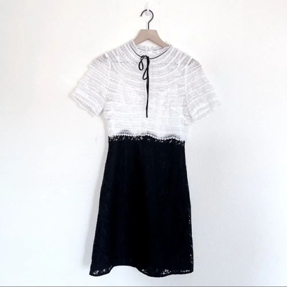 Sandro Helsinki White Black Two Tone Lace Neck Tie Mini Dress XS